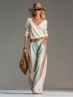 Retro Casual Ivory Surplice V-Neck Top And Blue Red Striped Wide-Leg Cotton-Linen Pants Set