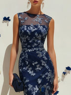 Purplish Blue Lace Applique Crew Neck Sleeveless Sheath Maxi Dress