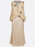 Women Champagne Glitter V Neck Sleeveless Dressy Top With Skirt Two-Piece Set