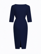 Navy Blue Faux Pearl Classic Crew Neck Half Sleeve Sheath Midi Dress