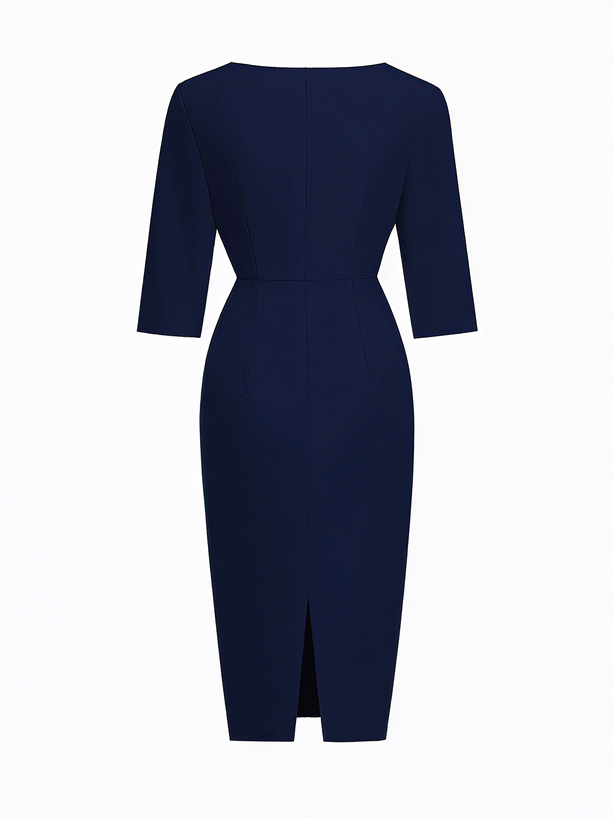 Navy Blue Faux Pearl Classic Crew Neck Half Sleeve Sheath Midi Dress