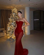 Red Tulle Strapless Sleeveless Long Mermaid Prom Dress With Sequins And Corset YK0682