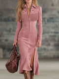Lapel Collar Zip-up Side-slit Embroidered Faux Suede Long-sleeved Midi Dress