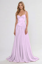 Cocoslly Spaghetti Straps Sleeveless High Waist Long Prom Dress With Appliques | Pink Satin