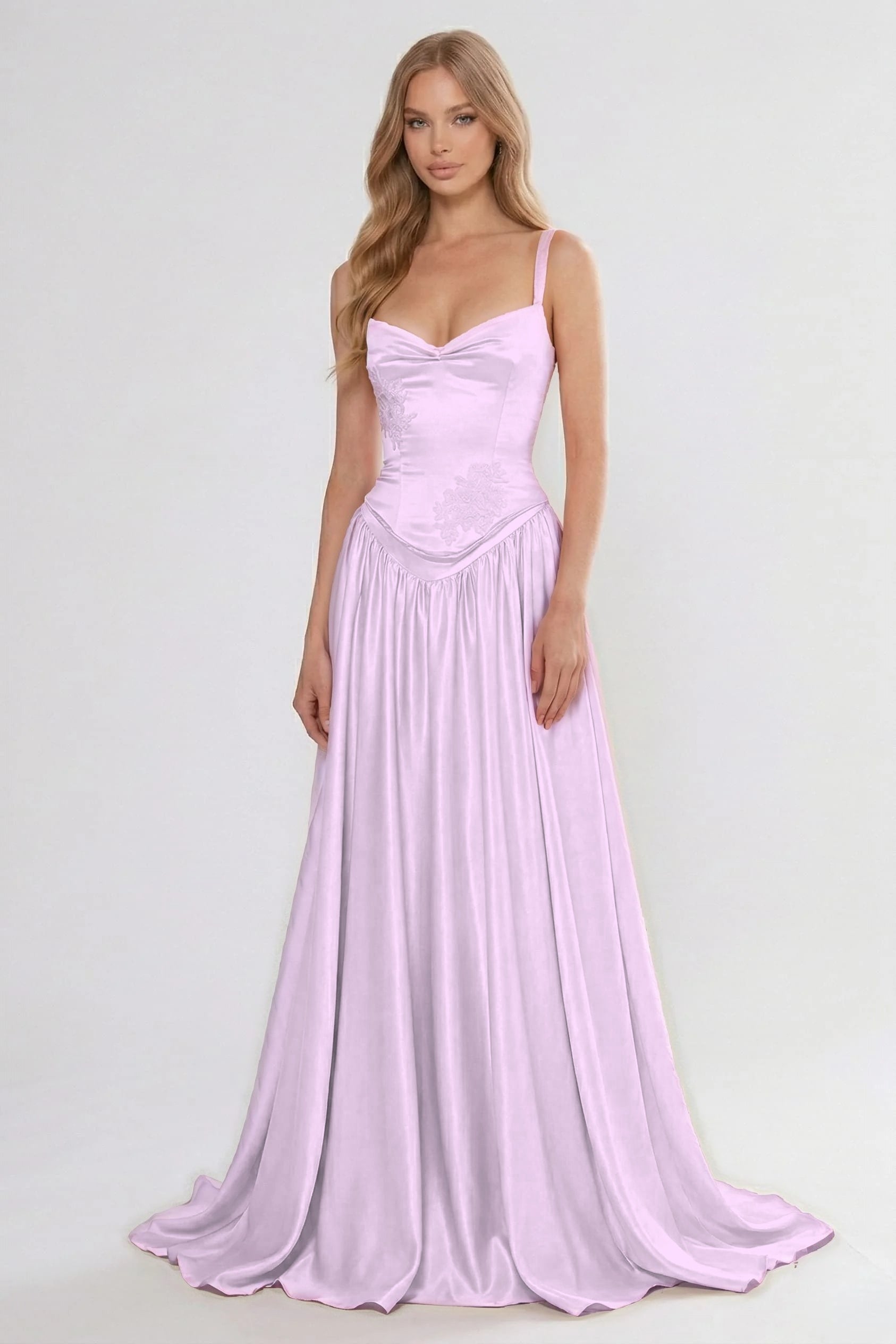 Cocoslly Spaghetti Straps Sleeveless High Waist Long Prom Dress With Appliques | Pink Satin