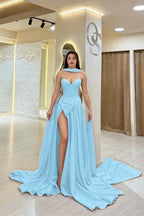 Cocoslly Strapless Sweetheart Sleeveless High Waist Long Split Prom Dress With Scarf | Burgundy Satin YC0479