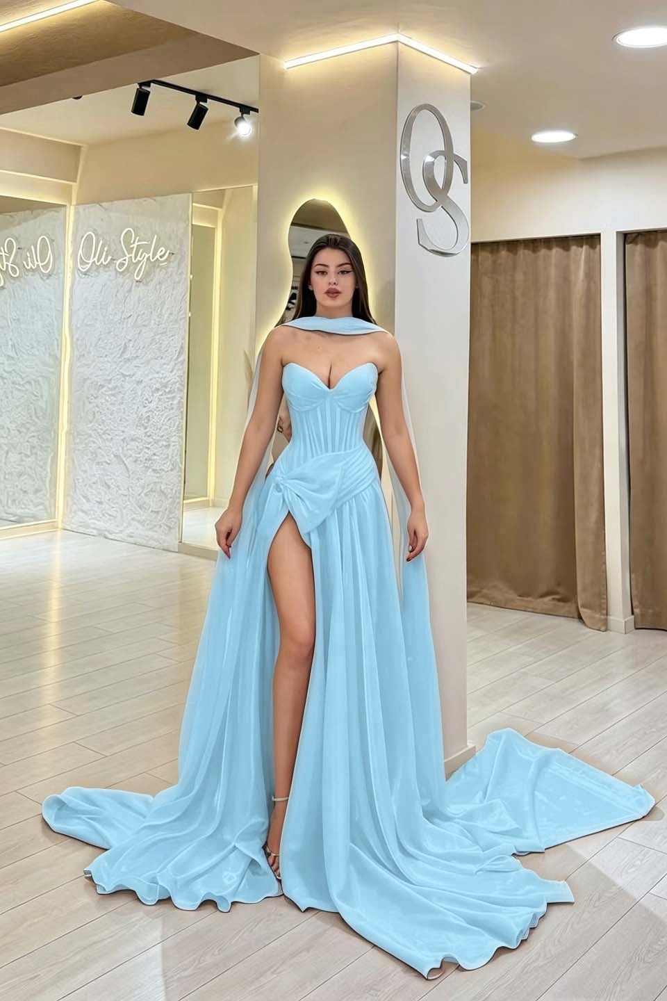 Cocoslly Strapless Sweetheart Sleeveless High Waist Long Split Prom Dress With Scarf | Burgundy Satin YC0479