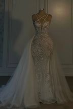 Cocoslly Halter Sleeveless Long Mermaid Prom Dress With Sequins Beadings And Tulle Ruffle | Ivory Tulle YL0335