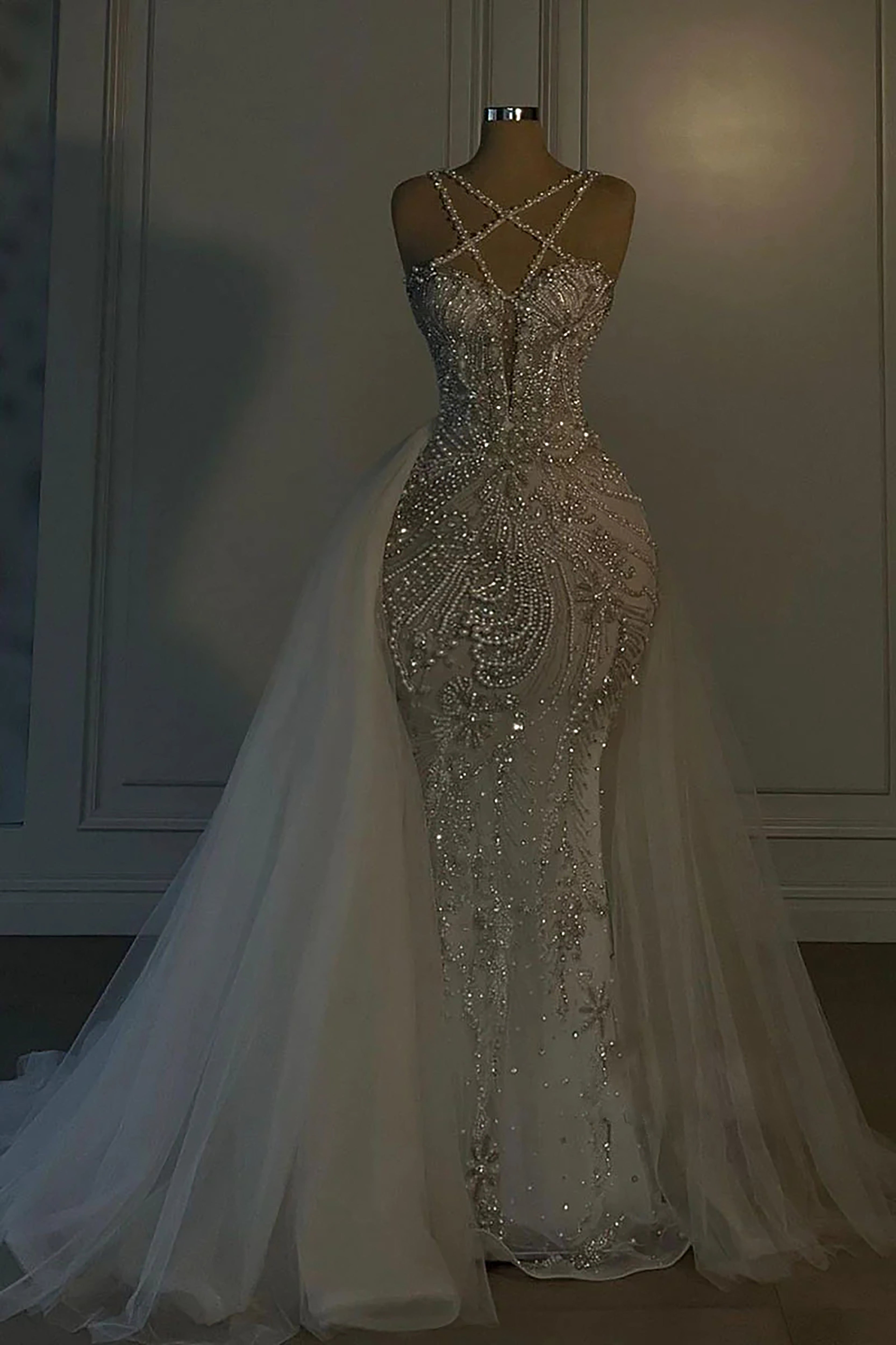Cocoslly Halter Sleeveless Long Mermaid Prom Dress With Sequins Beadings And Tulle Ruffle | Ivory Tulle YL0335