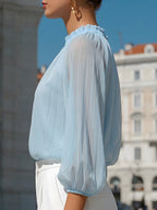 Sheer Pleated High-Neck Blouson Sleeve Blouse
