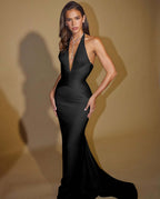 Halter Deep V Neck Sleeveless Long Mermaid Prom Dress With Pleated YK0260