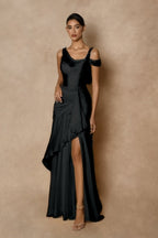 Cocoslly Wide Straps Sleeveless High Waist Long Prom Dress With Split And Ruffles | Glod Chiffon