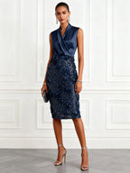 Purplish Blue 3D Floral Glitter Classic V Neck Sleeveless Sheath Midi Dress