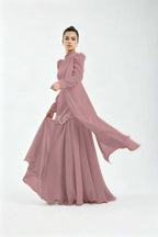 Cocoslly High Neck Long Sleeves High Waist Long Prom Dress With Rhinstone | Cabemet Chiffon LR0407