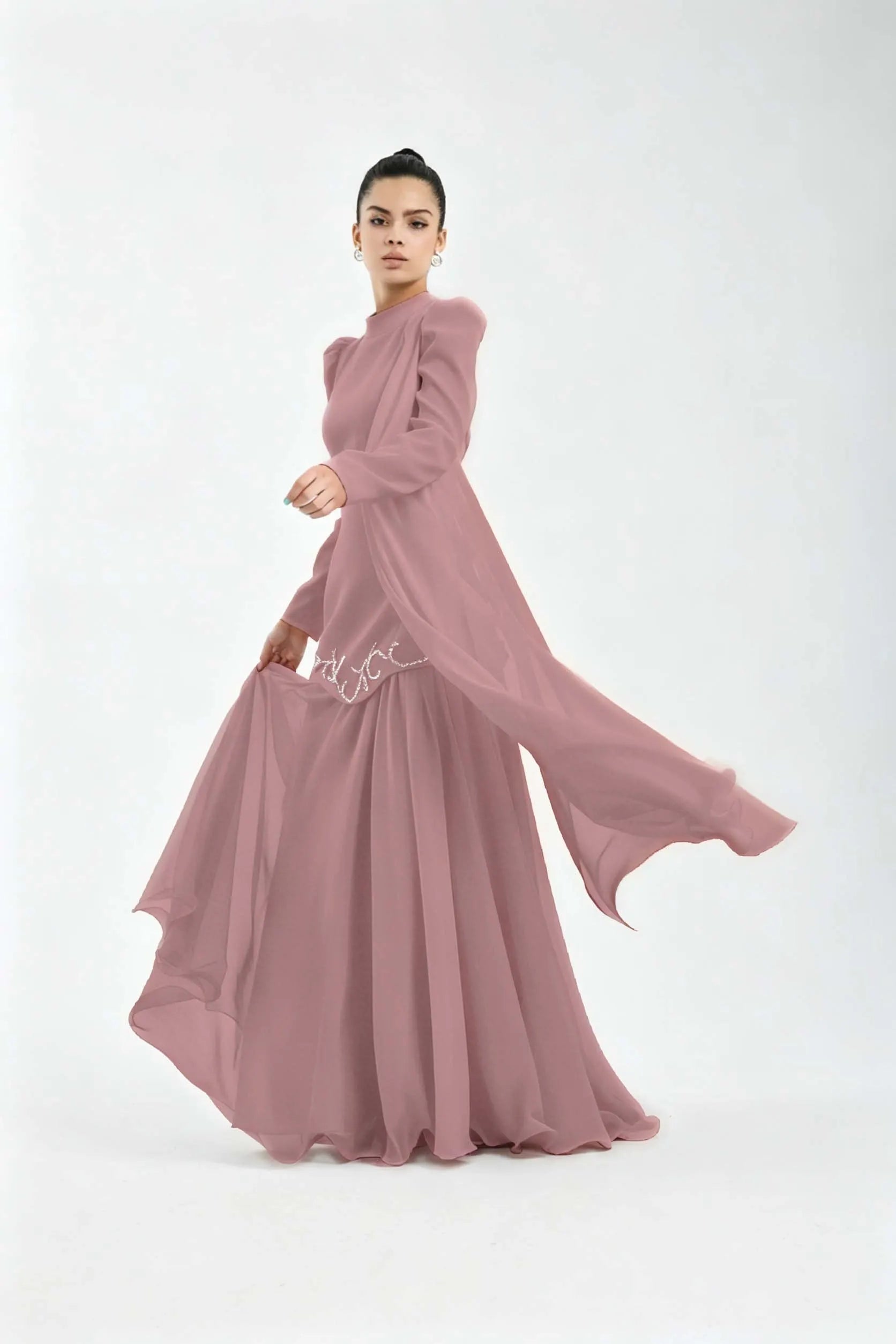 Cocoslly High Neck Long Sleeves High Waist Long Prom Dress With Rhinstone | Cabemet Chiffon LR0407
