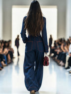 Casual Loose Retro Red Topstitched Denim Wide Leg Long Sleeve Jumpsuit