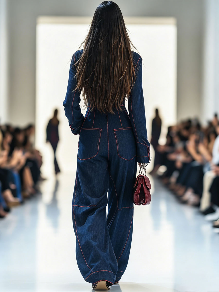 Casual Loose Retro Red Topstitched Denim Wide Leg Long Sleeve Jumpsuit