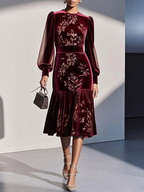 Caramel Brown Mesh Jacquard Velvet Crew Neck Long Sleeve Balloon Sleeve Mermaid Midi Dress