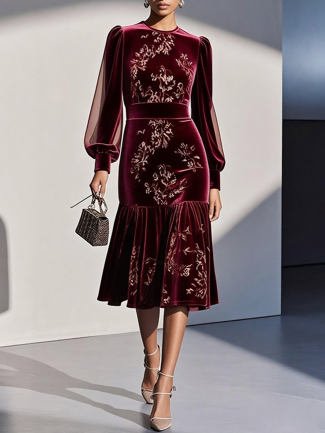 Caramel Brown Mesh Jacquard Velvet Crew Neck Long Sleeve Balloon Sleeve Mermaid Midi Dress
