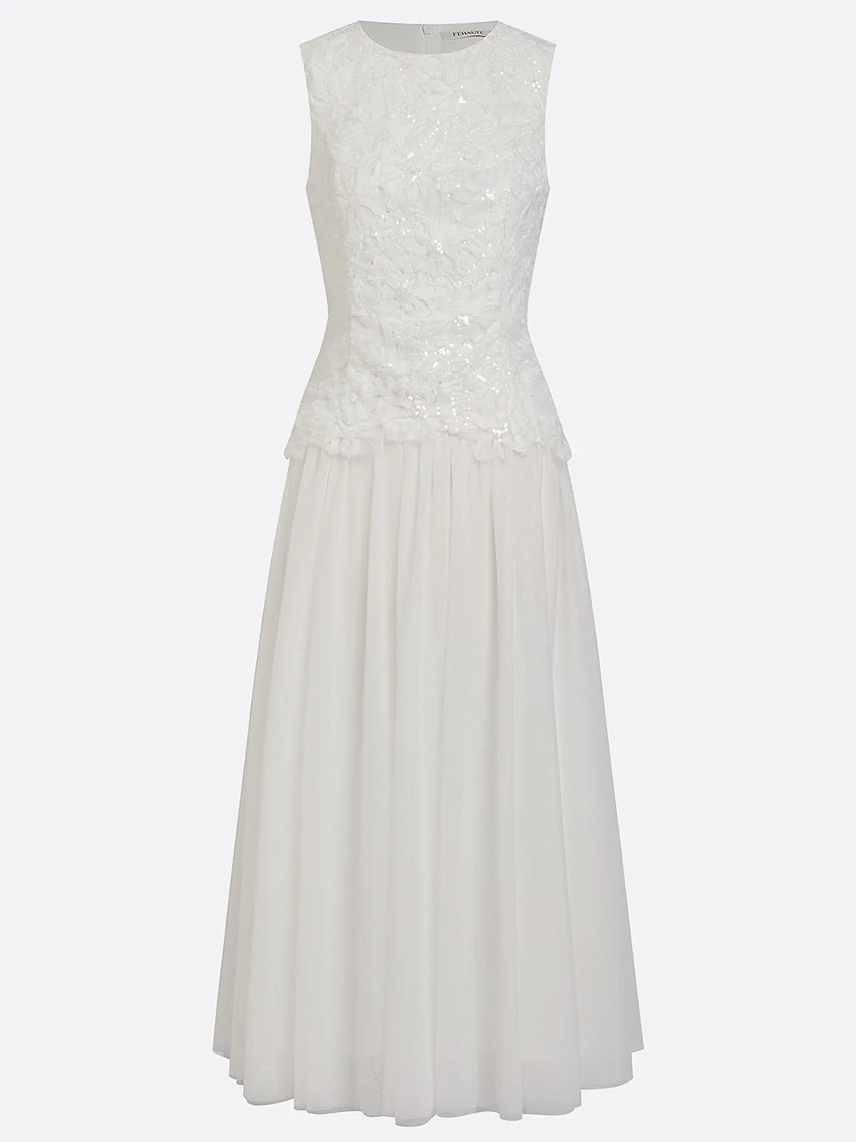 White Lace Classic Crew Neck Sleeveless A-Line Maxi Dress