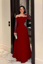 Cocoslly Strapless Long Sleeves High Waist Long Prom Dress With Pleated | Ink Blue Lace YC0488