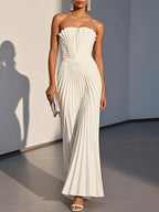 White Pleated Satin Strapless Sleeveless A-Line Maxi Dress