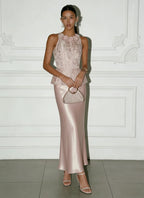 Pink Lace Jacquard 3D Floral Satin Crew Neck Sleeveless Sheath Maxi Dress