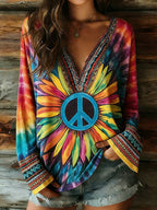 Women's Peace Tie-dye Ethnic Art Pattern Casual Long-sleeve V-neck T-shirt
