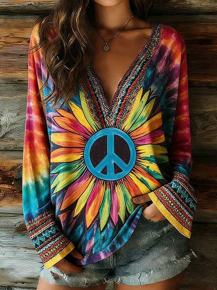 Women's Peace Tie-dye Ethnic Art Pattern Casual Long-sleeve V-neck T-shirt