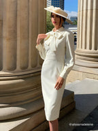 Off White Bow Classic Crew Neck Long Sleeve Sheath Midi Dress