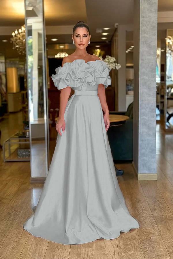 Satin Off-The-Shoulder Strapless High-Waisted Long A-Line Prom Dress With Ruffles JQ0425