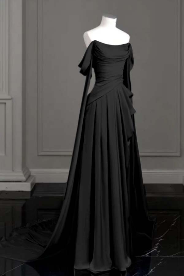 Cocoslly Off-The-Shoulder Pleated Long Prom Dress With Trailing On Both Sides | Purple Satin ZT0580