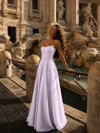 Cocoslly Strapless Sleeveless High Waist Long A Line Prom Dress With Beading Pearls | Dusty Rose Chiffon LX0109