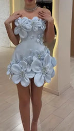 Cocoslly Strapless Sleeveless High Waist Short Prom Dress With 3D Flowers And Beadings | Baby Blue Satin CO0150