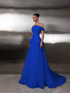 Cocoslly Off-The-Shoulder Strapless Sleeveless Long Pleated A-Line Prom Dress With Flower Appliqués | Light Blue Tulle ZA0285