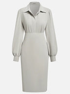 Women Light Gray Ruched Shirt Collar Long Sleeve Dressy Top With Skirt Two-Piece Set