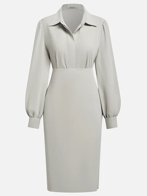 Women Light Gray Ruched Shirt Collar Long Sleeve Dressy Top With Skirt Two-Piece Set