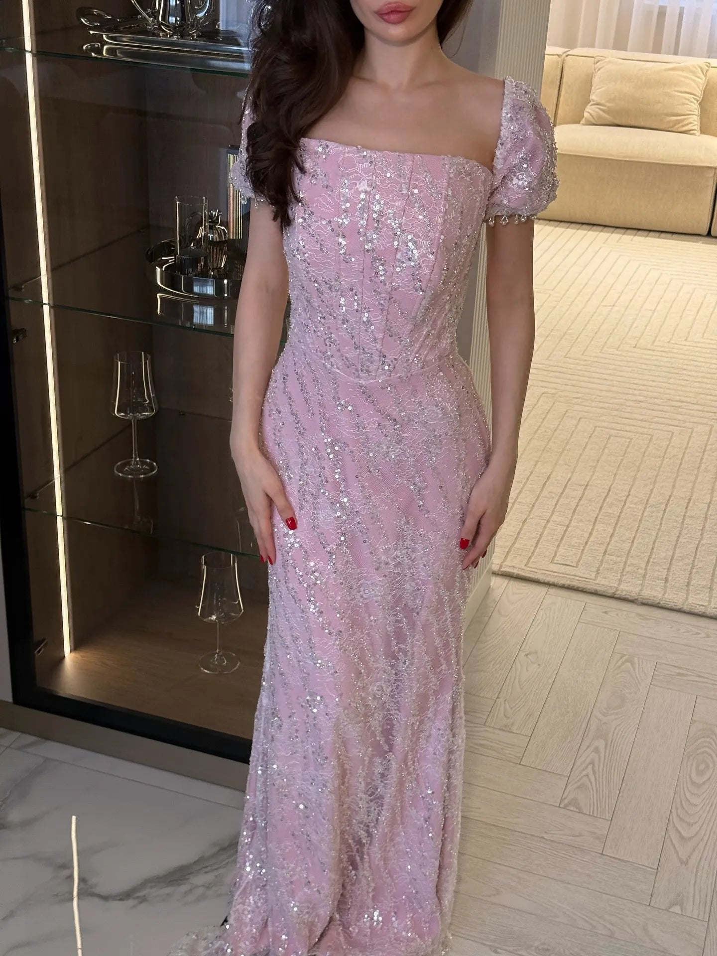 Cocoslly Square Neck Short Sleeves High Waist Long Mermaid Prom Dress With Sequins | Pink Satin CO0113