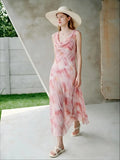 Pink watercolor print lapel midi dress