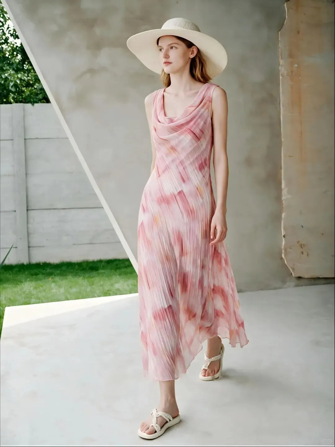 Pink watercolor print lapel midi dress