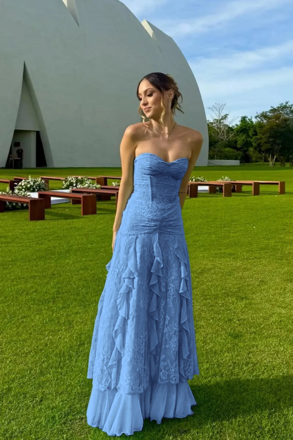 Cocoslly Strapless Sweetheart Sleeveless High Waist Long Prom Dress With Ruffles | Mint Green Chiffon YC0477
