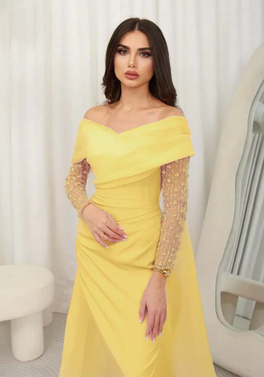 Cocoslly Off-The-Shoulder Long Sleeves High Waist Long Prom Dress With Rhinstone | Blushing Pink Chiffon JZ0100