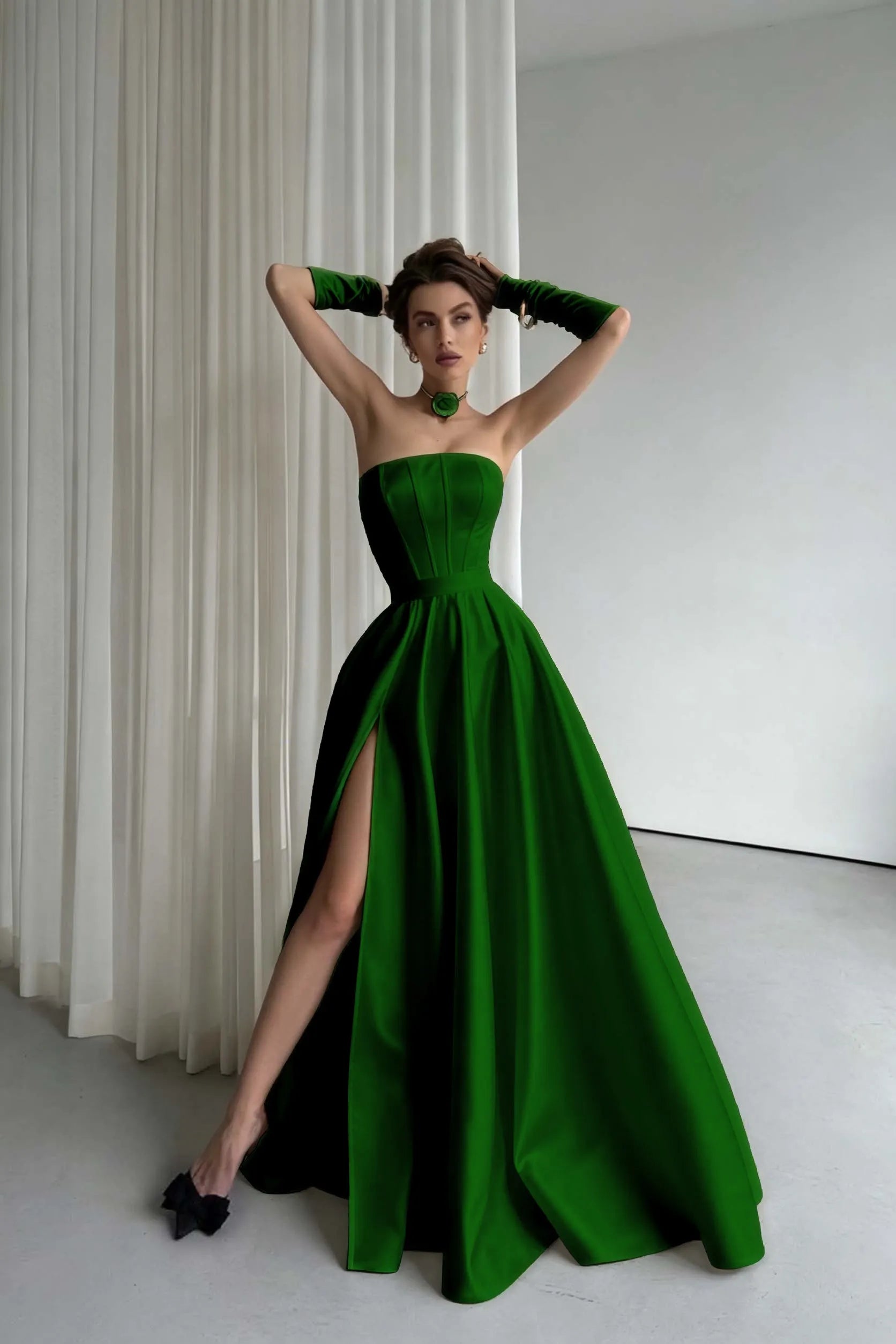 Cocoslly Strapless Sleeveless High Waist Long Prom Dress With Split And Gloves | Black Satin ZT0723