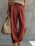 Retro Brick Red Cotton and Linen Wide-leg Pants