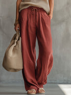 Retro Brick Red Cotton and Linen Wide-leg Pants