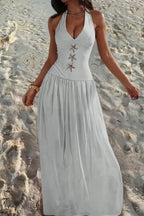 Cocoslly Halter V-Neck Sleeveless High Waist Long Prom Dress With Rhinstone | Ivory Chiffon XJ0755