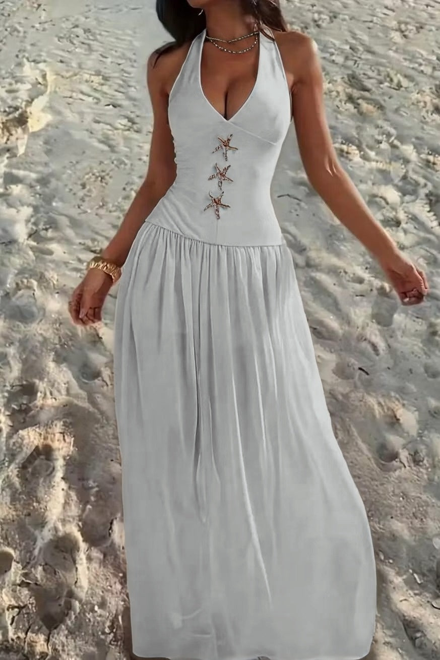 Cocoslly Halter V-Neck Sleeveless High Waist Long Prom Dress With Rhinstone | Ivory Chiffon XJ0755