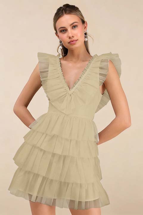Cocoslly V-Neck Wide Straps Sleeveless Short A-Line Pleated Prom Dress With Ruffles | Black Tulle ZA0212