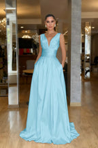 Straps Sleeveless High Waist Long Prom Dress With Pockets Pleated MS0387