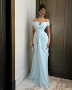 Chiffon Off-The-Shoulder Strapless Sleeveless Long Mermaid Prom Dress With Ruffles And Pleated YK0784